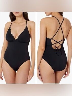 La Blanca Black Scallop V-Neck One-Piece Swimsuit